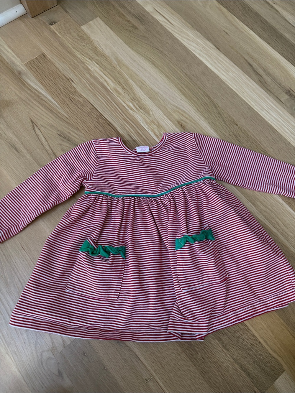 Girls' Red & White Striped Long-Sleeve Dress with Green Trim
